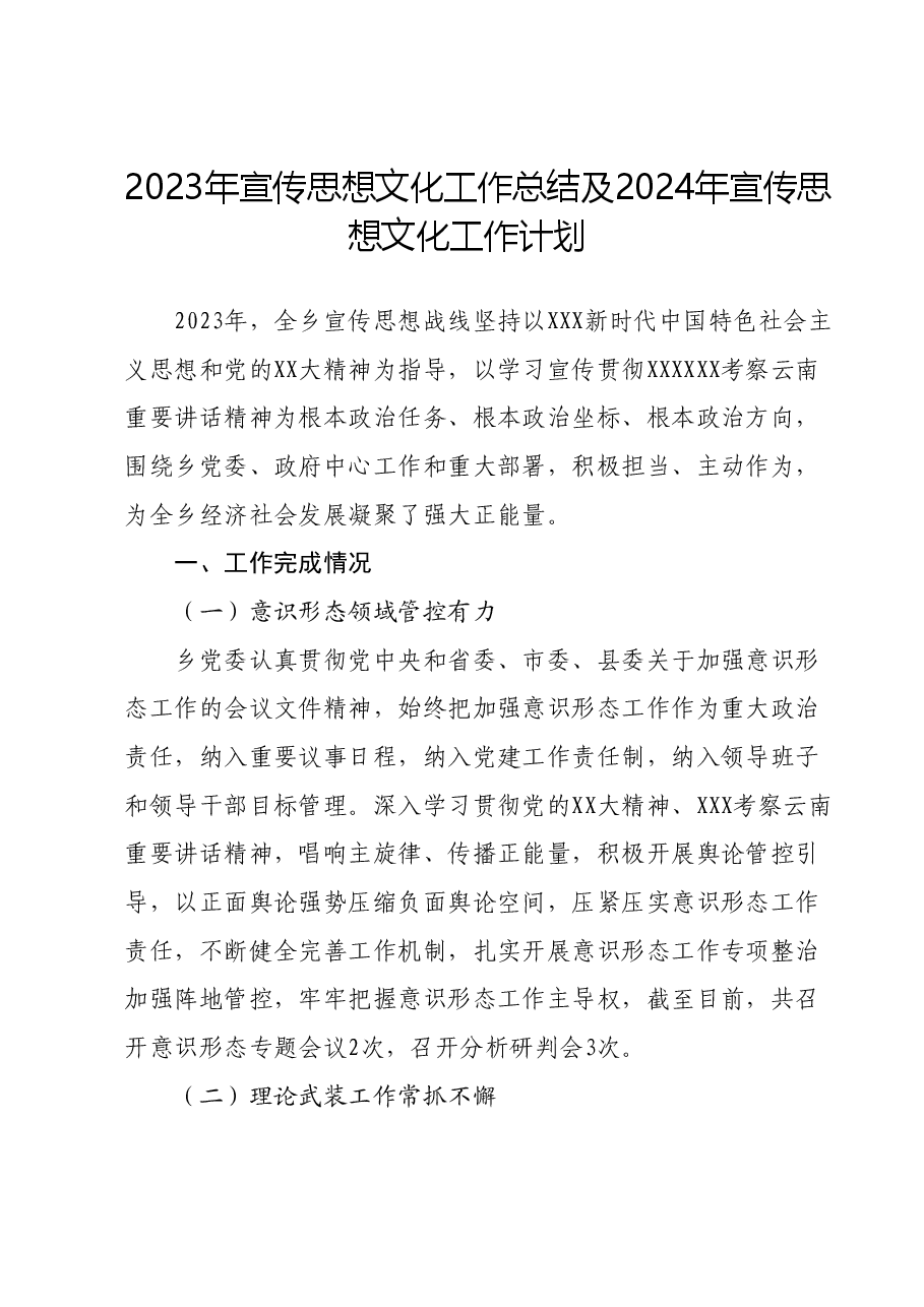 2023年宣传思想文化工作总结及2024年宣传思想文化工作计划.docx，第1页预览