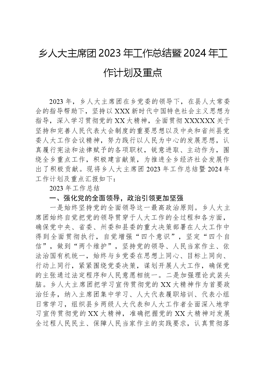 乡人大主席团2023年工作总结暨2024年工作计划及重点.docx,第1页预览