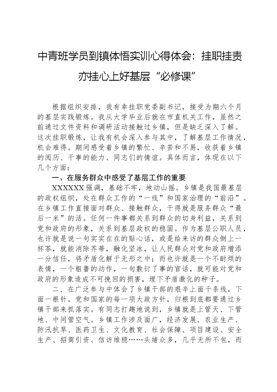 中青班学员到镇体悟实训心得体会:挂职挂责亦挂心+上好基层“必修课”.docx,第1页预览