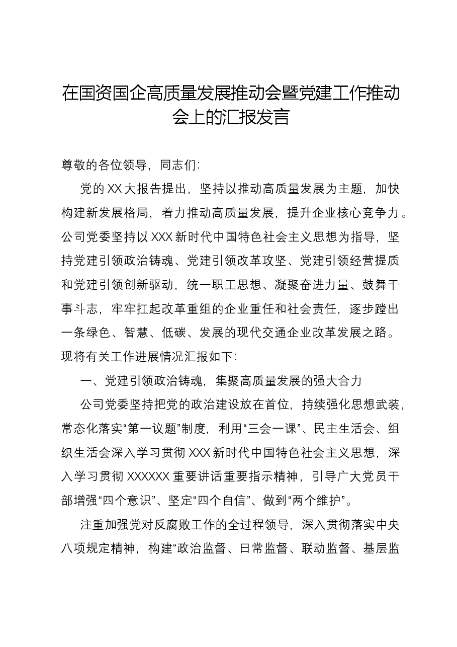 在国资国企高质量发展推动会暨党建工作推动会上的汇报发言.docx,第1页预览