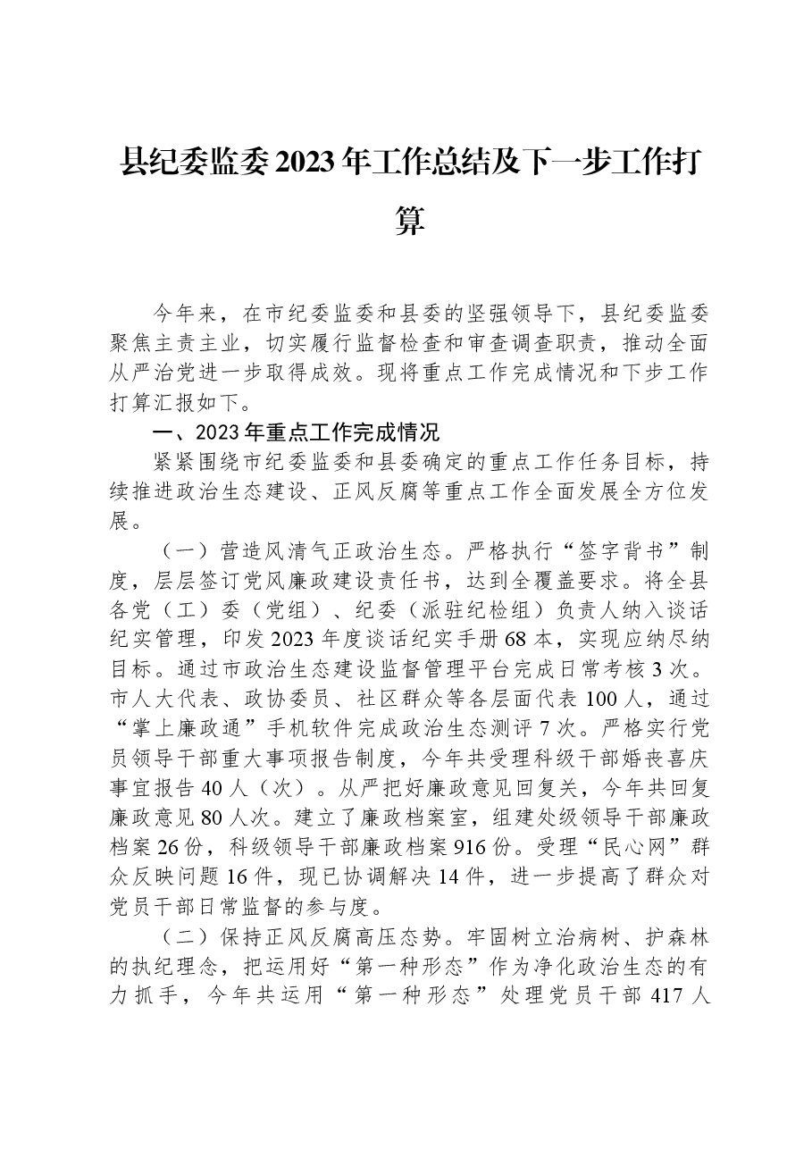 县纪委监委2023年工作总结及下一步工作打算.docx,第1页预览