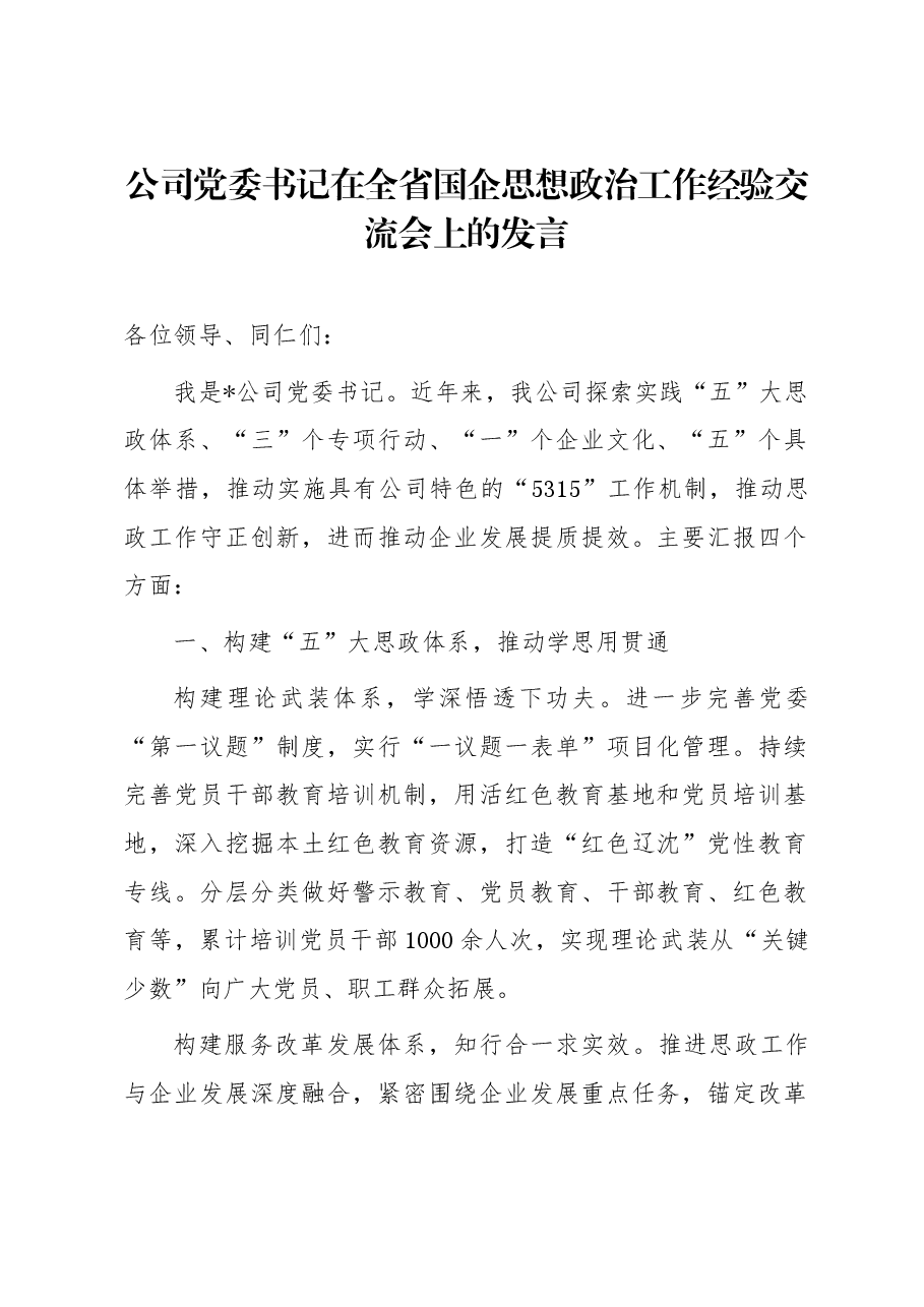 公司党委书记在全省国企思想政治工作经验交流会上的发言.docx,第1页预览