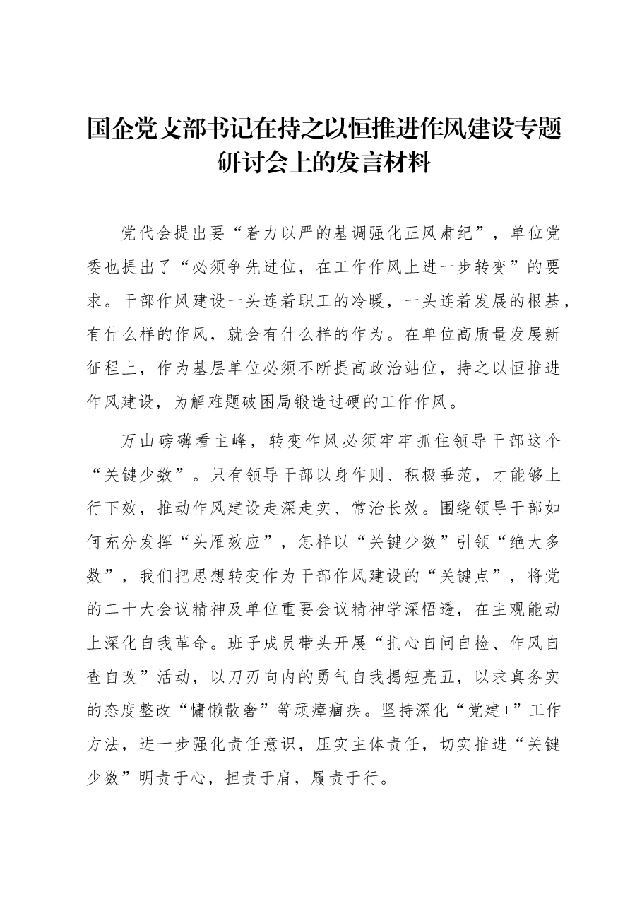 国企党支部书记在持之以恒推进作风建设专题研讨会上的发言材料.docx,第1页预览