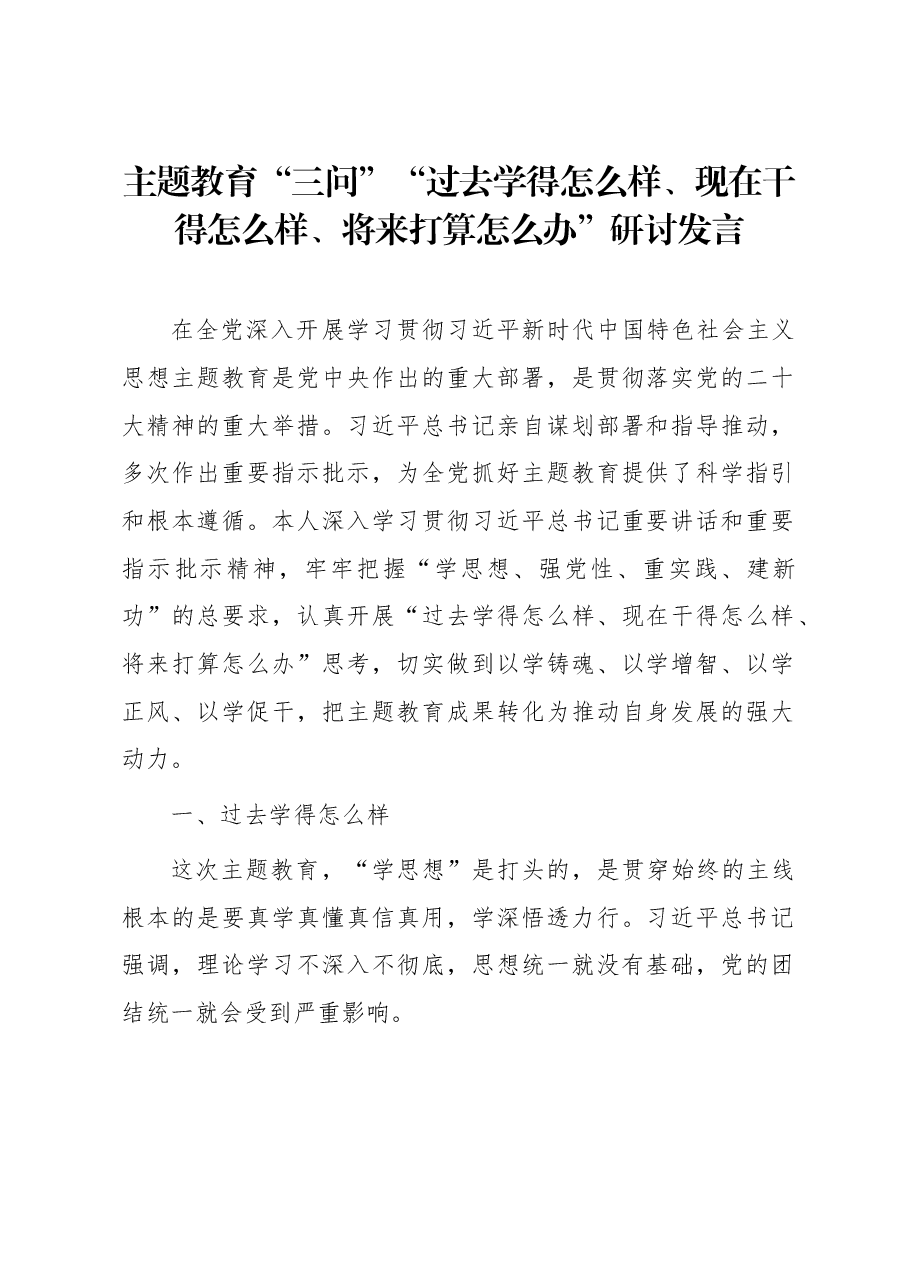 主题教育“三问”“过去学得怎么样、现在干得怎么样、将来打算怎么办”研讨发言.docx,第1页预览