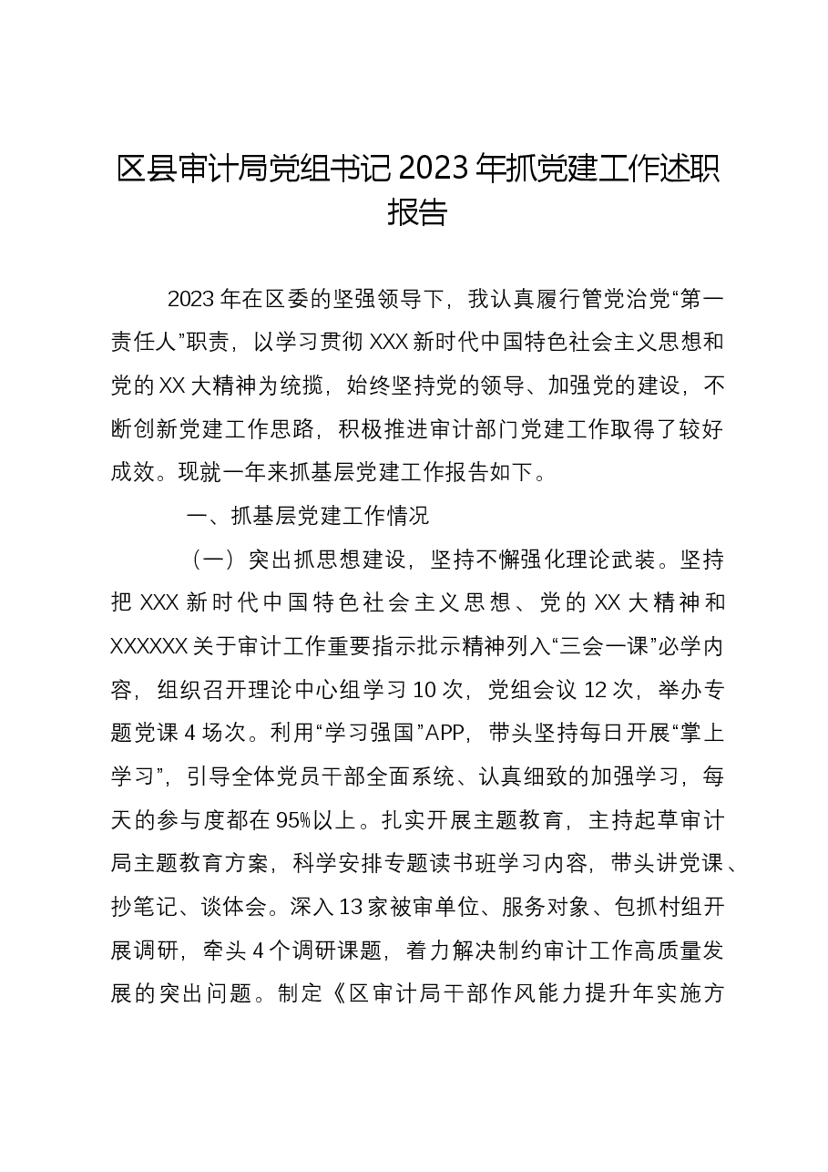 区县审计局党组书记2023年抓党建工作述职报告.docx，第1页预览