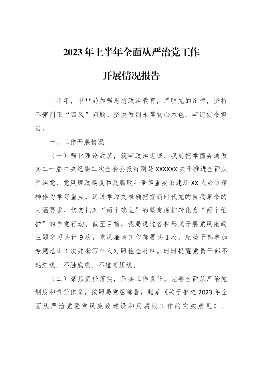 2023年上半年全面从严治党工作开展情况报告.docx,第1页预览