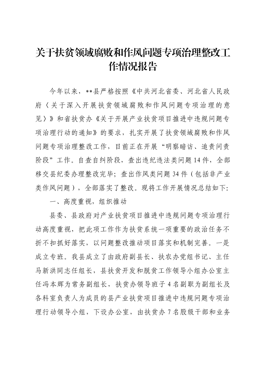 关于扶贫领域腐败和作风问题治理整改工作情况报告.docx,第1页预览