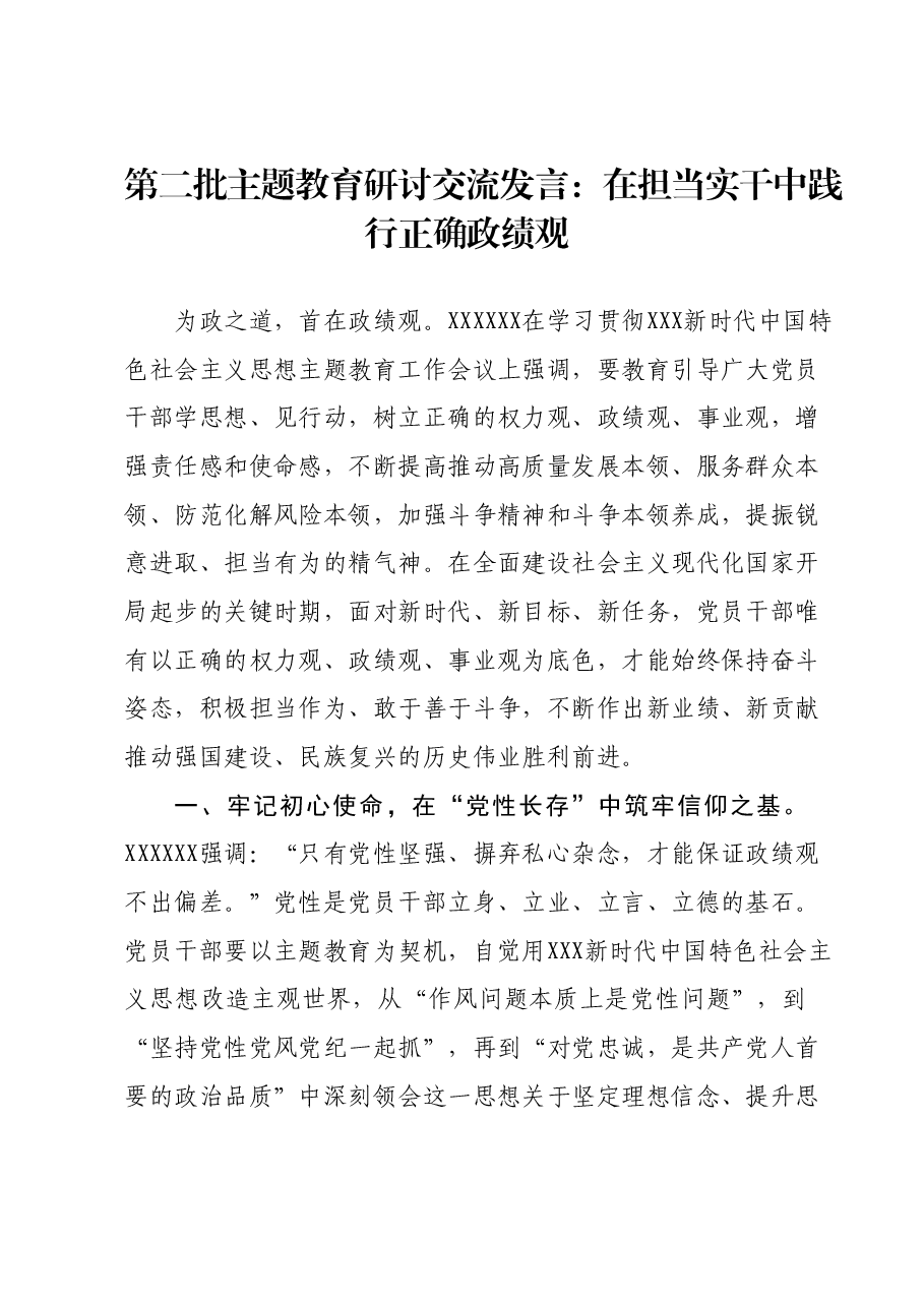 第二批主题教育研讨交流发言: 在担当实干中践行正确政绩观.docx,第1页预览