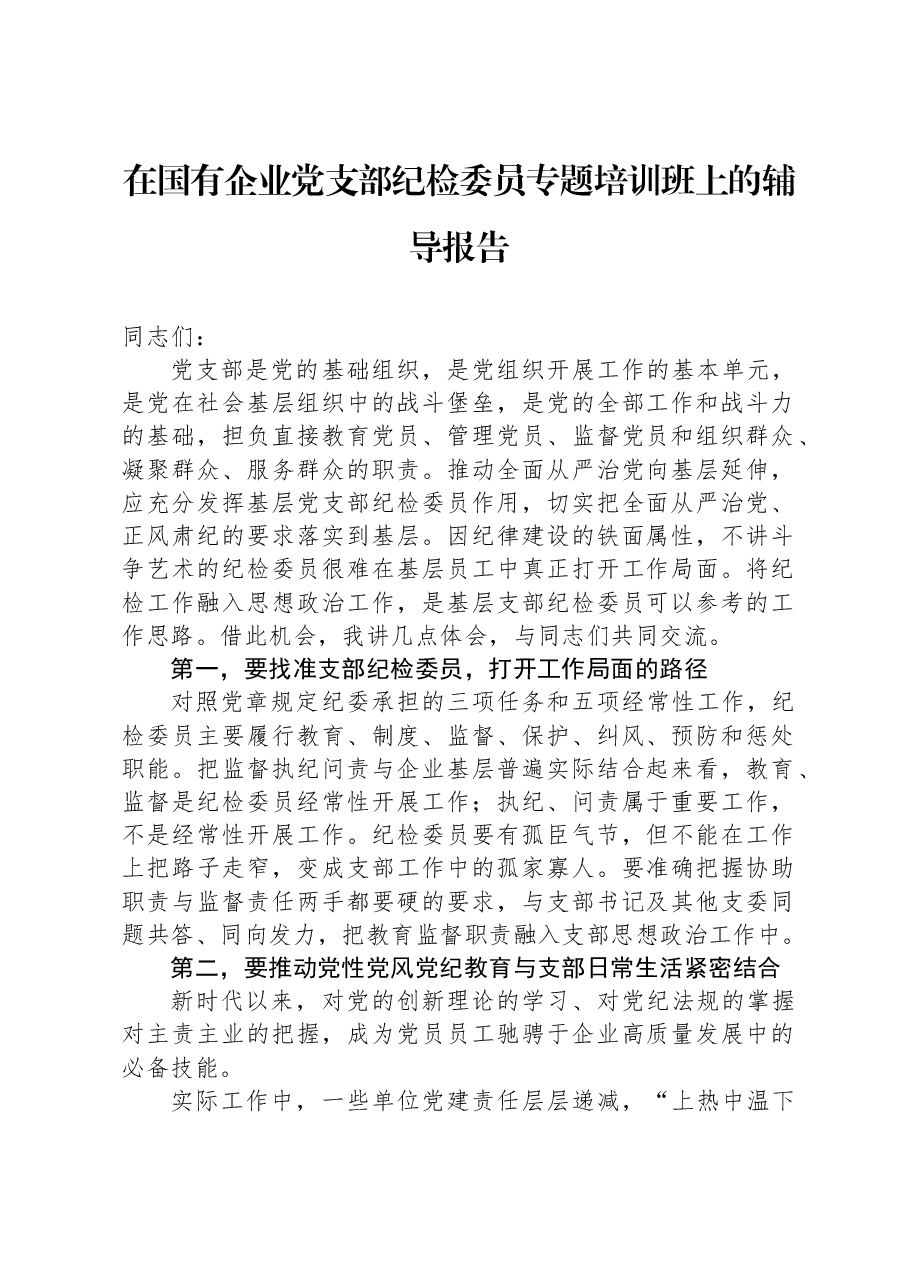 在国有企业党支部纪检委员专题培训班上的辅导报告.docx,第1页预览