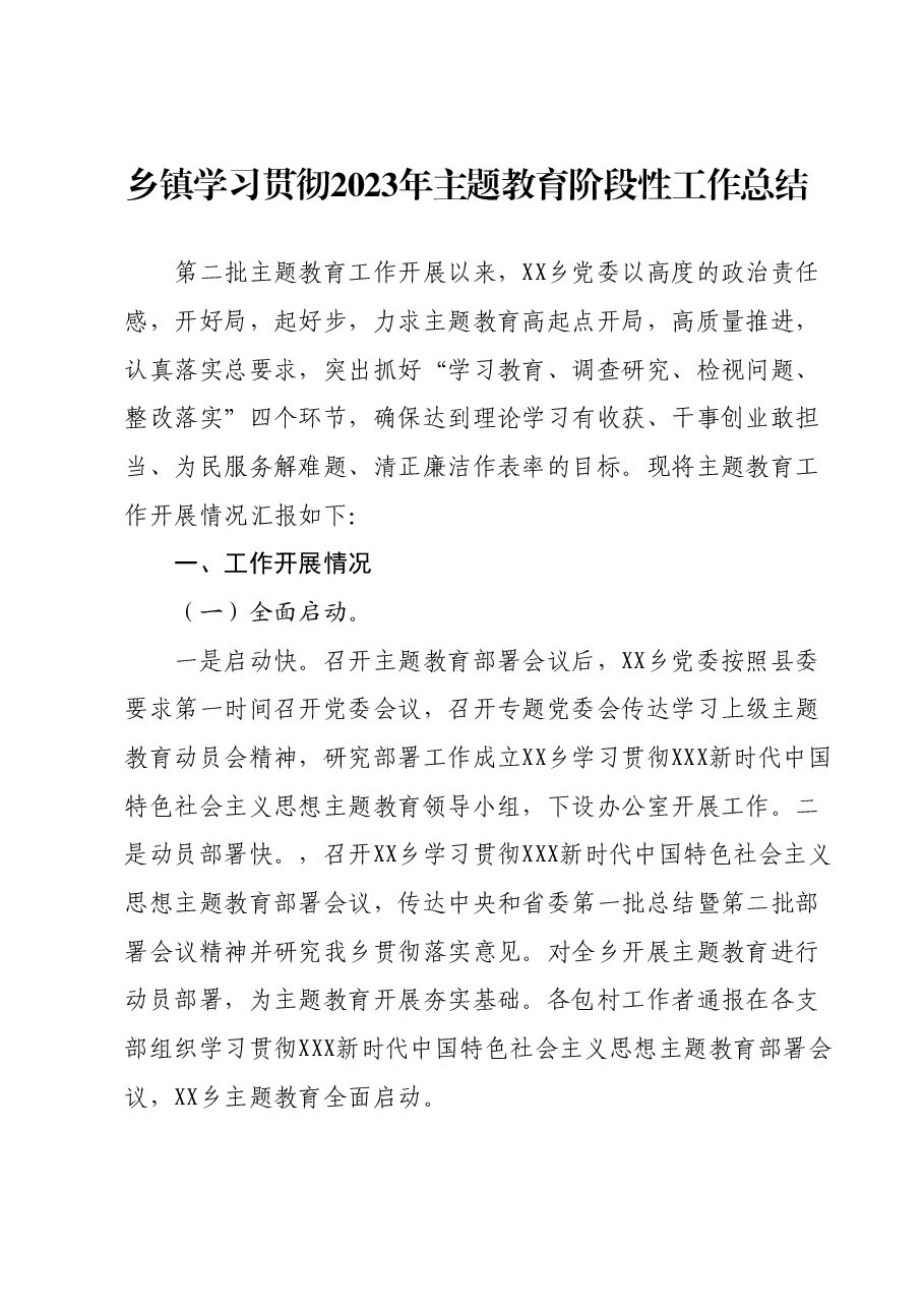 乡镇学习贯彻2023年主题教育阶段性工作总结.docx,第1页预览