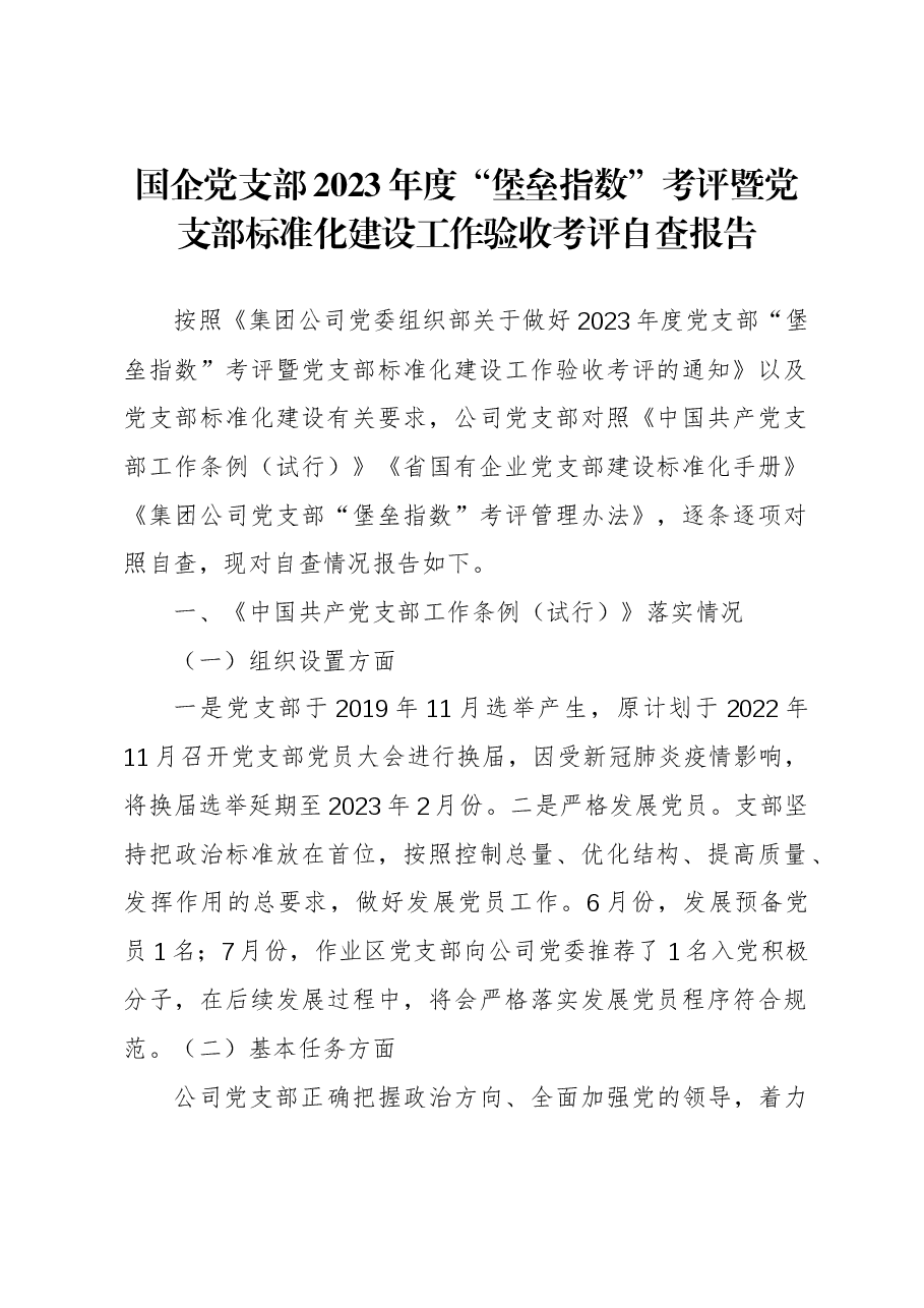 国企党支部2023年度“堡垒指数”考评暨党支部标准化建设工作验收考评自查报告.docx,第1页预览