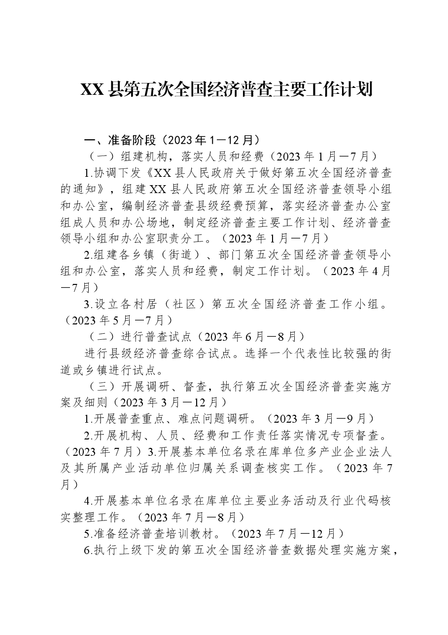 XX县第五次全国经济普查主要工作计划.docx,第1页预览