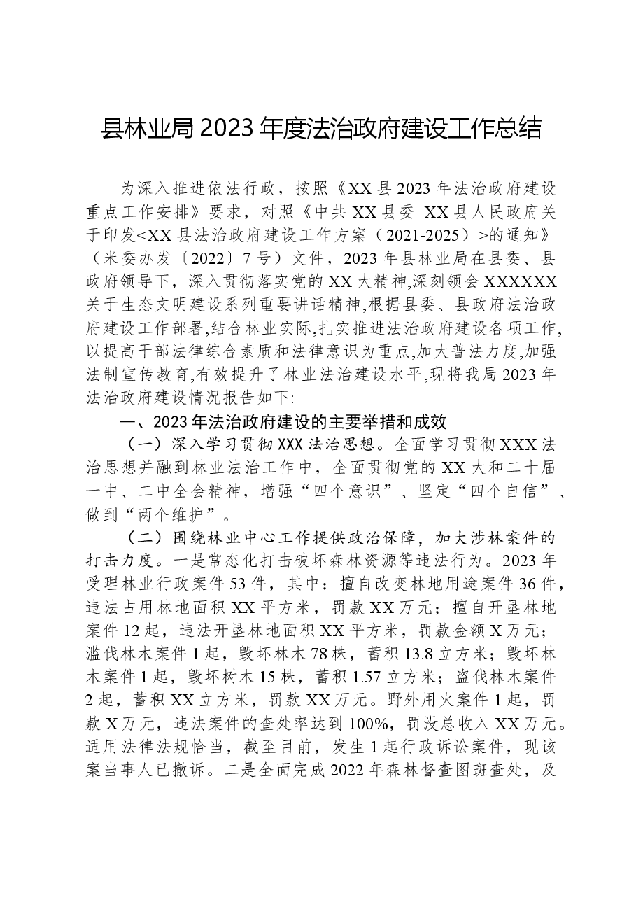 县林业局2023年度法治政府建设工作总结.docx,第1页预览