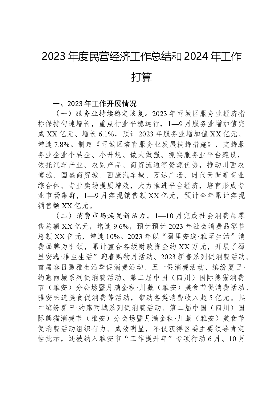2023年度民营经济工作总结和2024年工作打算.docx,第1页预览