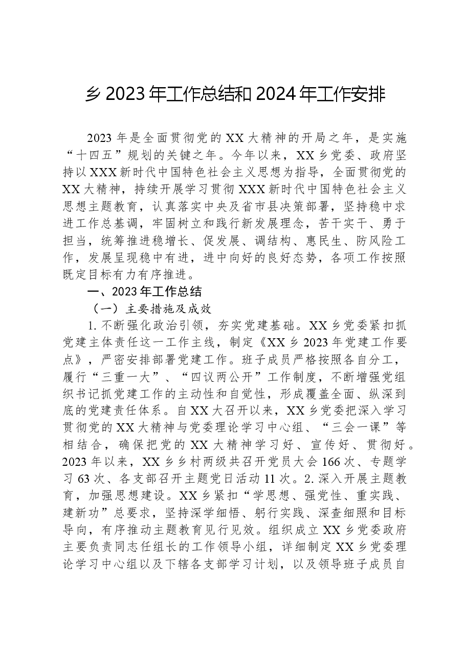 乡2023年工作总结和2024年工作安排.docx,第1页预览