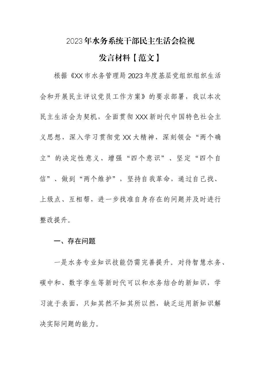 2023年水务系统干部民主生活会检视发言材料.docx,第1页预览