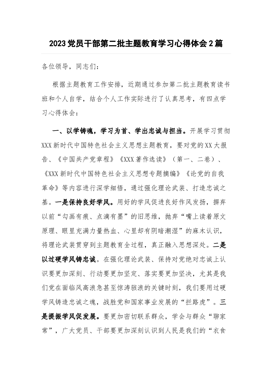 (2篇)2023党员干部第二批主题教育学习心得体会.docx,第1页预览