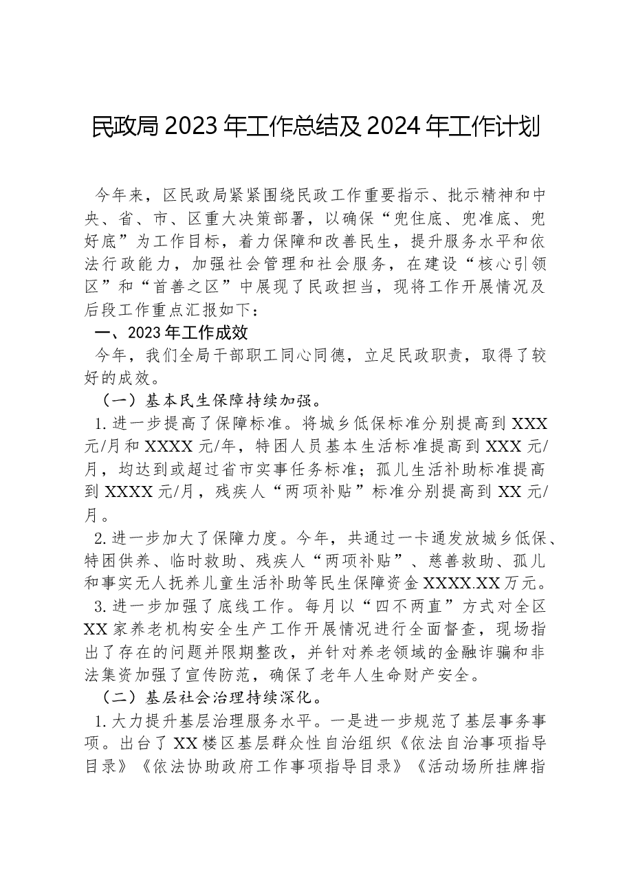 民政局2023年工作总结及2024年工作计划.docx,第1页预览