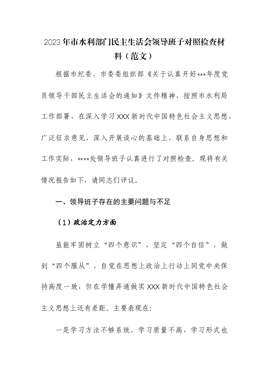 2023年市水利部门民主生活会领导班子对照检查材料.docx,第1页预览