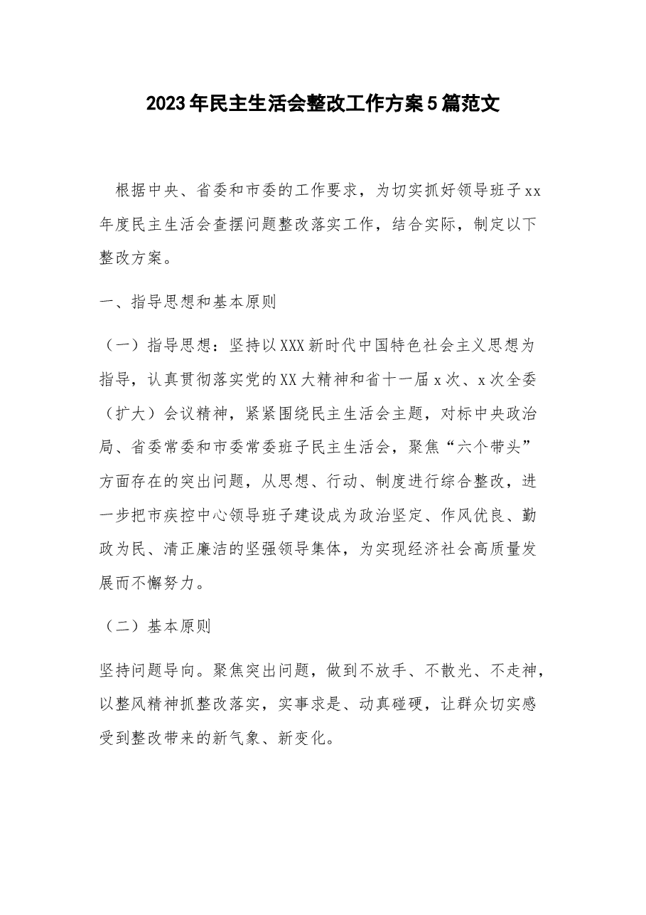 (5篇)2023年民主生活会整改工作方案.docx,第1页预览