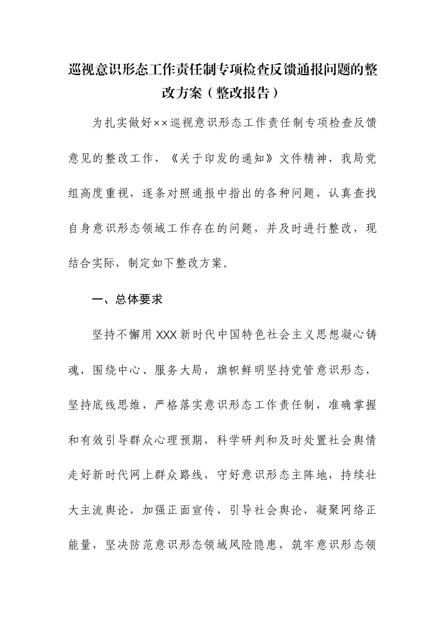 巡视意识形态工作责任制专项检查反馈通报问题的整改方案(整改报告).docx,第1页预览