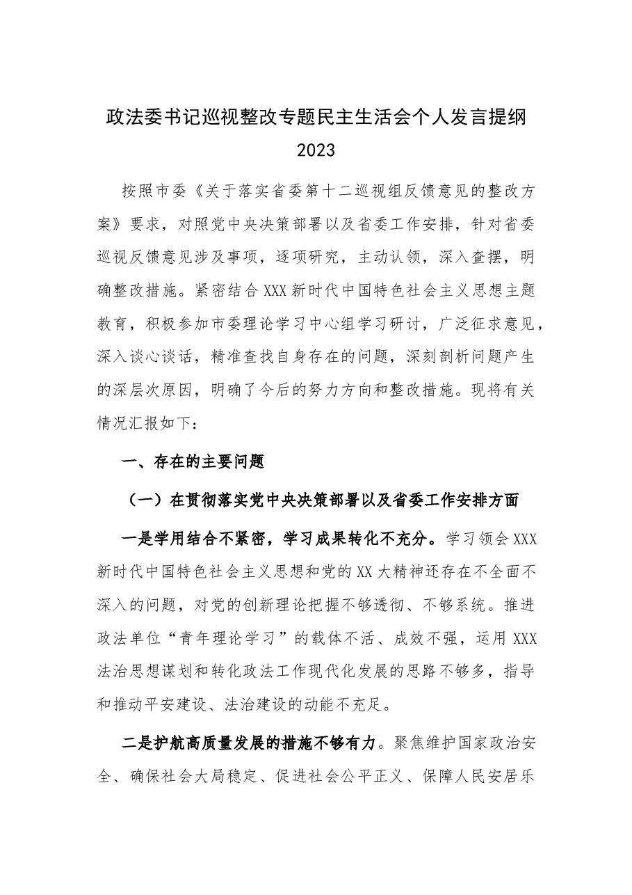 政法委书记巡视整改专题民主生活会个人发言提纲2023.docx,第1页预览