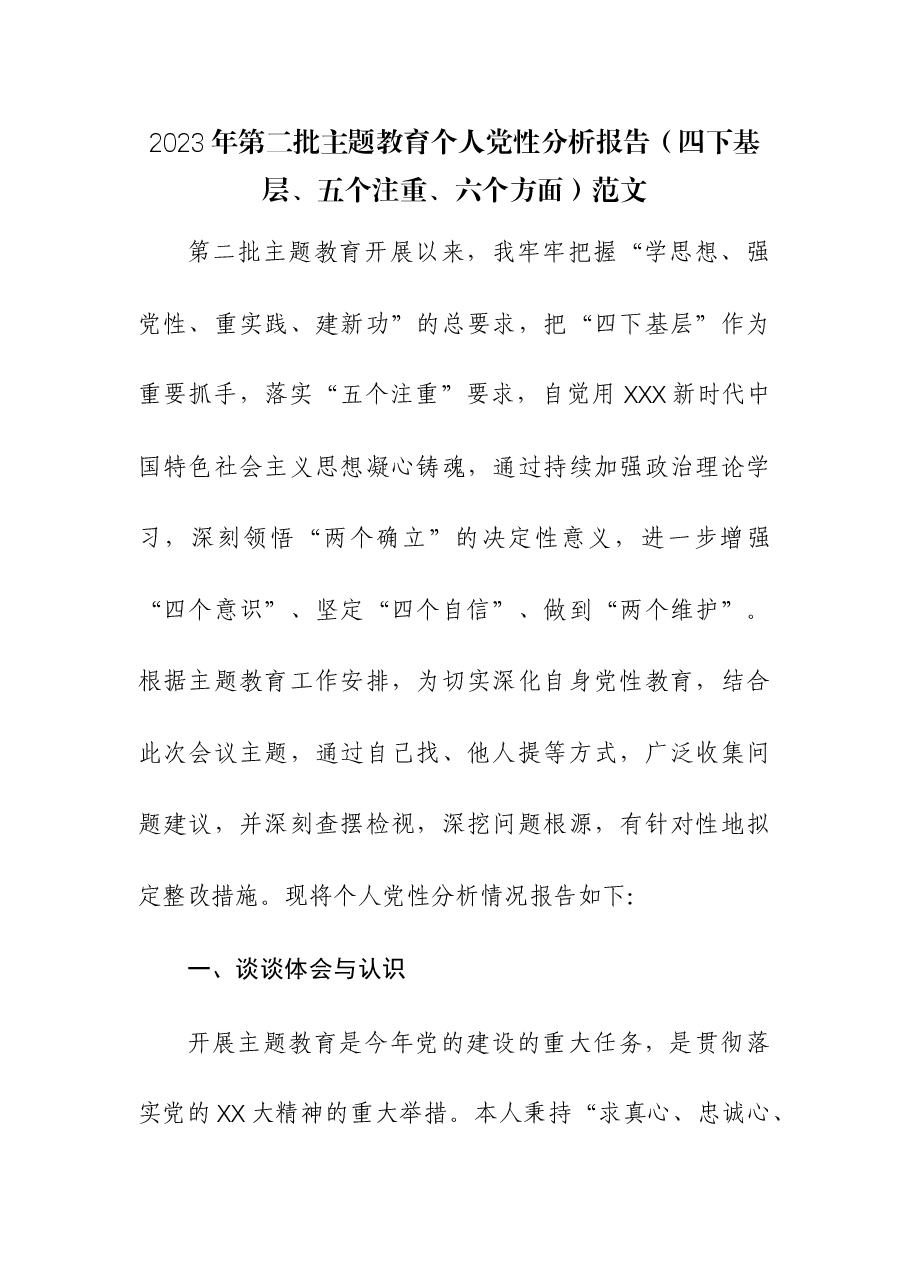 2023年第二批主题教育个人党性分析报告(四下基层、五个注重、六个方面).docx,第1页预览