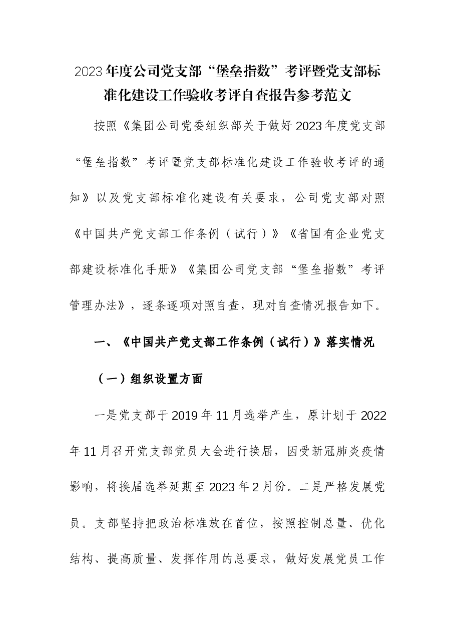 2023年度公司党支部“堡垒指数”考评暨党支部标准化建设工作验收考评自查报告.docx,第1页预览