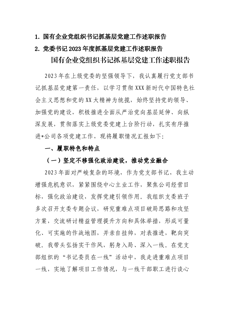 (2篇)党委书记2023年度抓基层党建工作述职报告.docx,第1页预览
