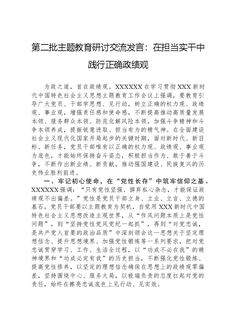 第二批主题教育研讨交流发言:在担当实干中践行正确政绩观.docx,第1页预览