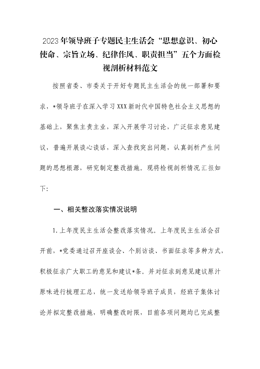 2023年领导班子专题民主生活会“思想意识、初心使命、宗旨立场、纪律作风、职责担当”五个方面检视剖析材料.docx,第1页预览