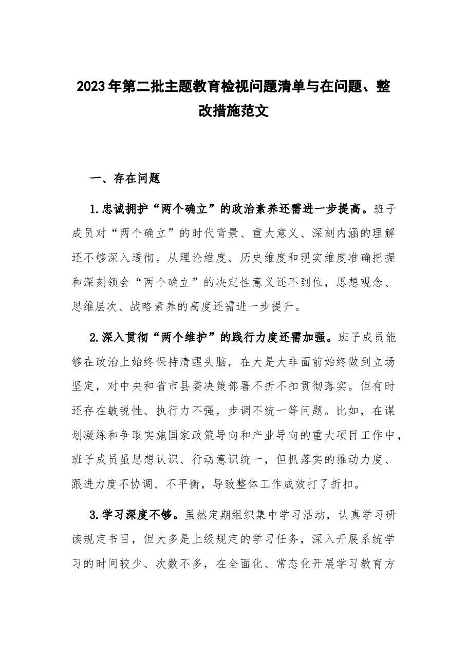 2023年第二批主题教育检视问题清单与在问题、整改措施.docx，第1页预览
