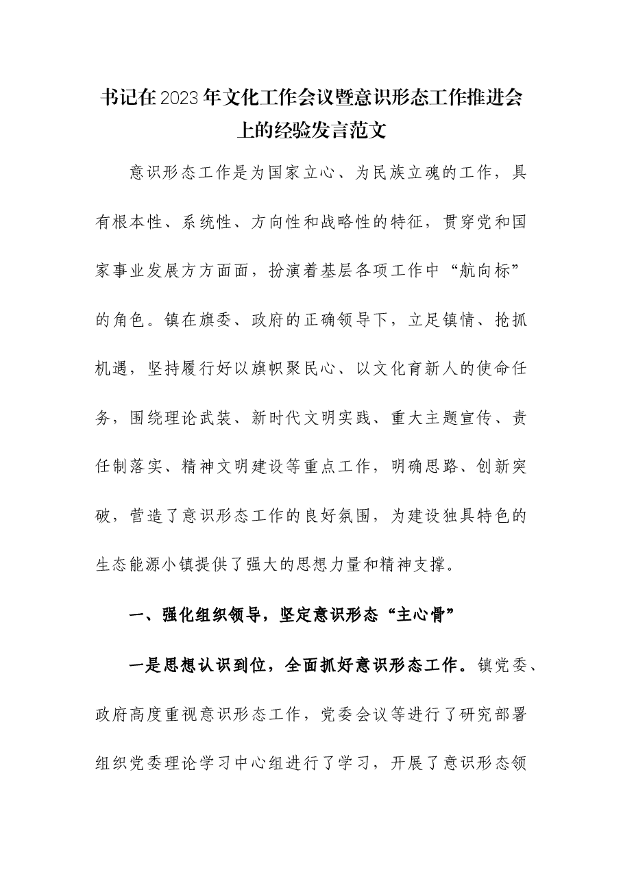 书记在2023年文化工作会议暨意识形态工作推进会上的经验发言.docx,第1页预览