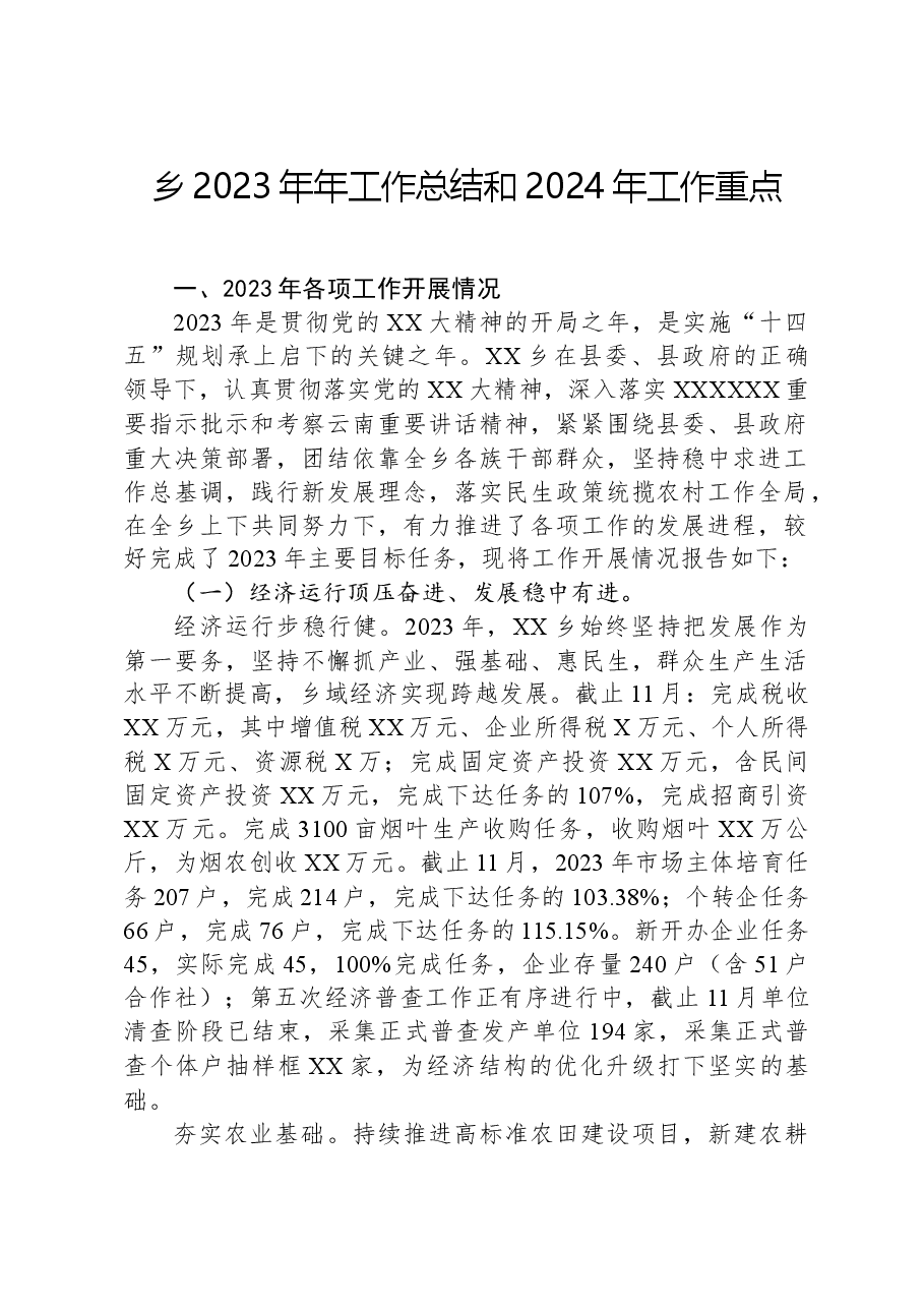 乡2023年年工作总结和2024年工作重点.docx,第1页预览