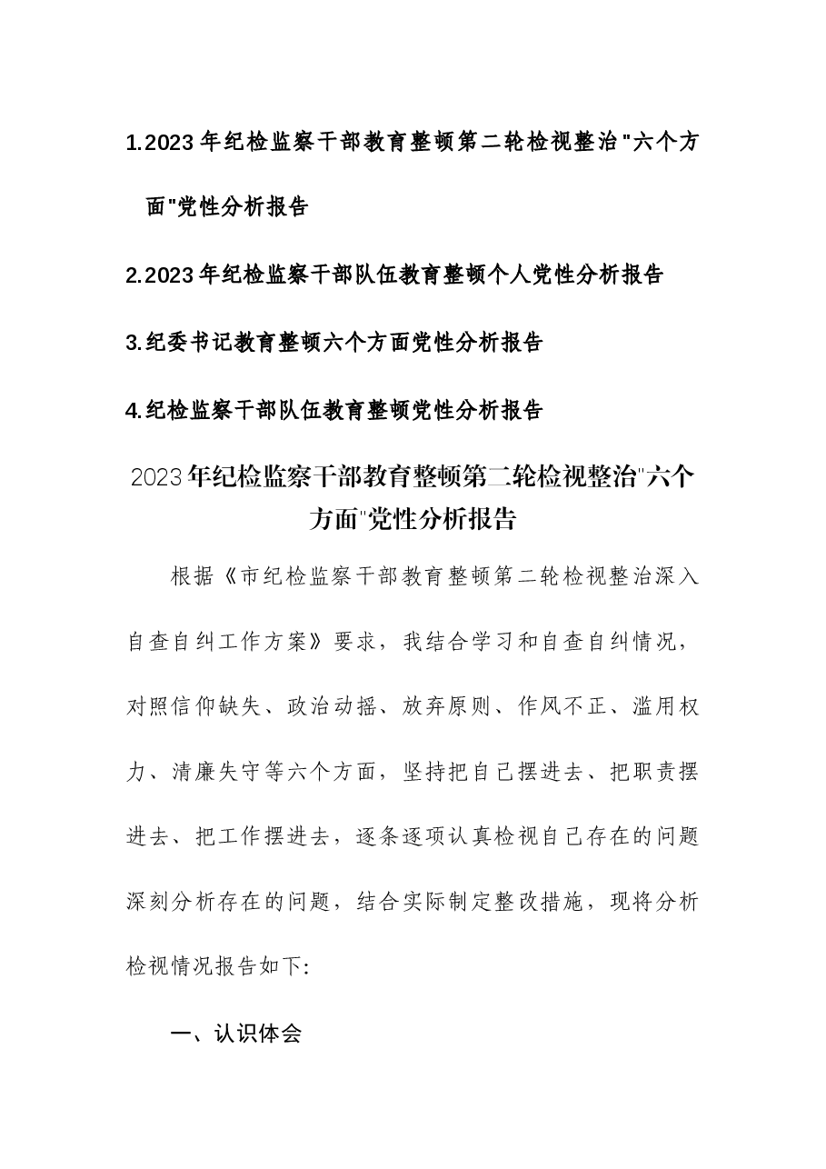 (4篇)2023年纪检监察干部教育整顿第二轮检视整治“六个方面”党性分析报告.docx,第1页预览