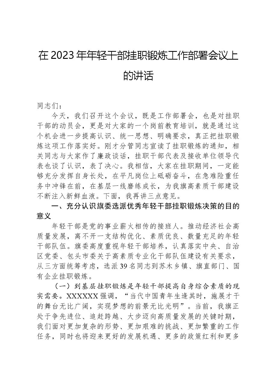 在2023年年轻干部挂职锻炼工作部署会议上的讲话.docx,第1页预览