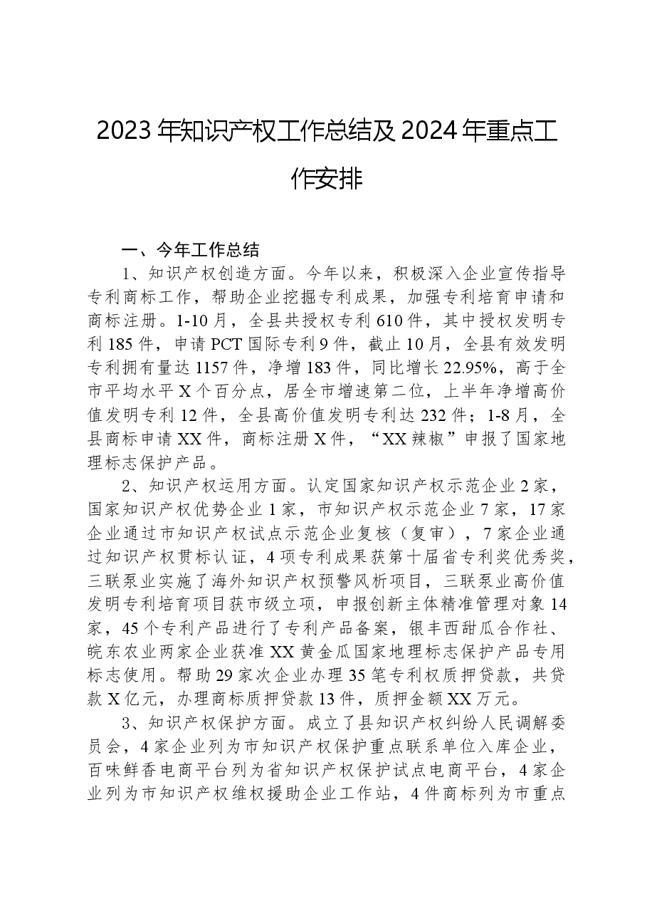 2023年知识产权工作总结及2024年重点工作安排.docx,第1页预览