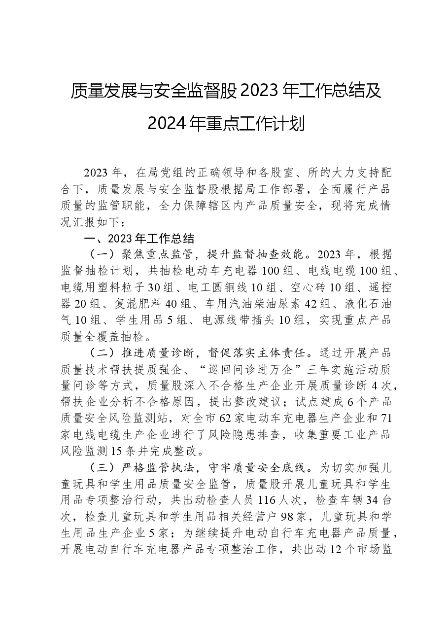 质量发展与安全监督股2023年工作总结及2024年重点工作计划.docx,第1页预览