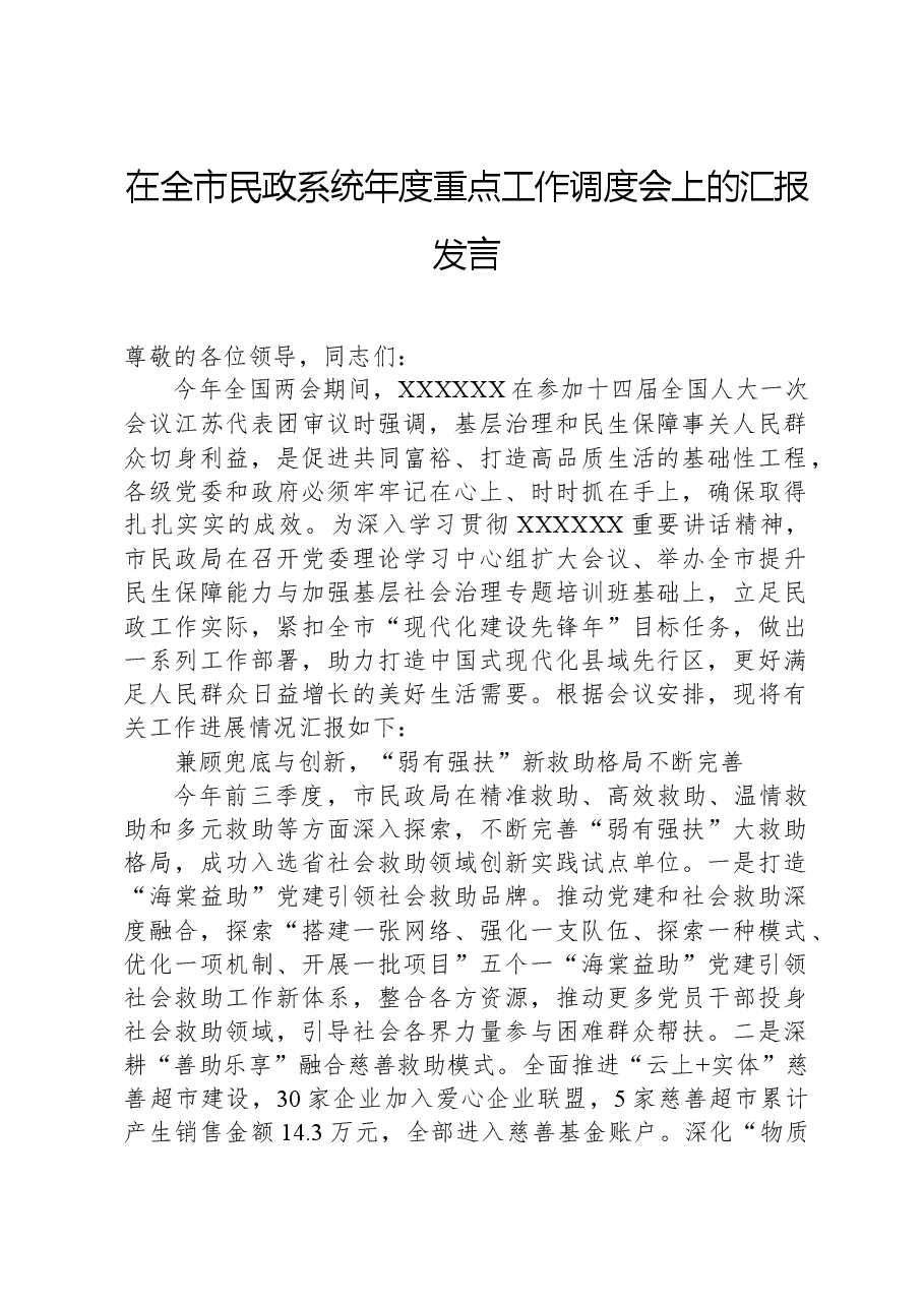 在全市民政系统年度重点工作调度会上的汇报发言.docx,第1页预览