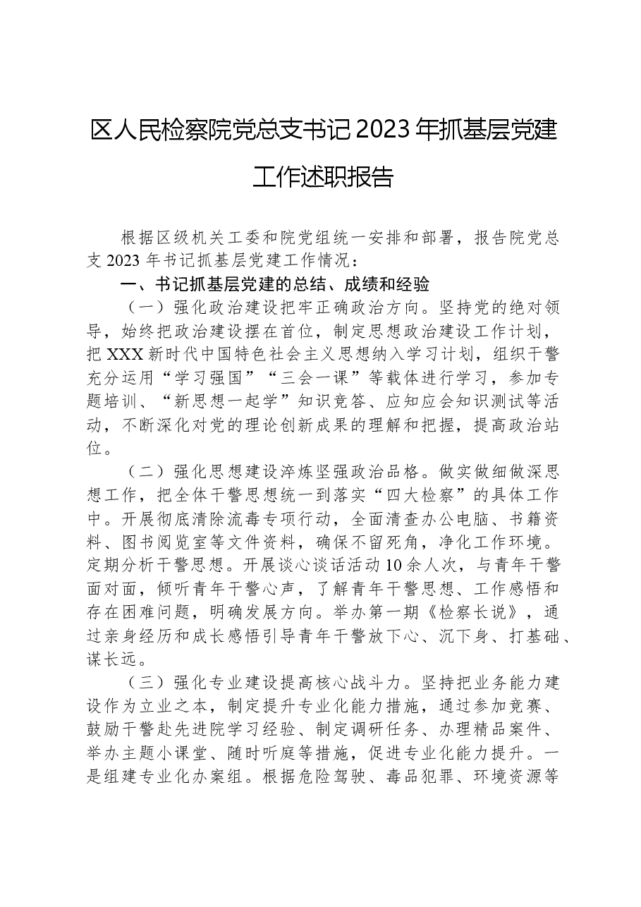 区人民检察院党总支书记2023年抓基层党建工作述职报告.docx，第1页预览