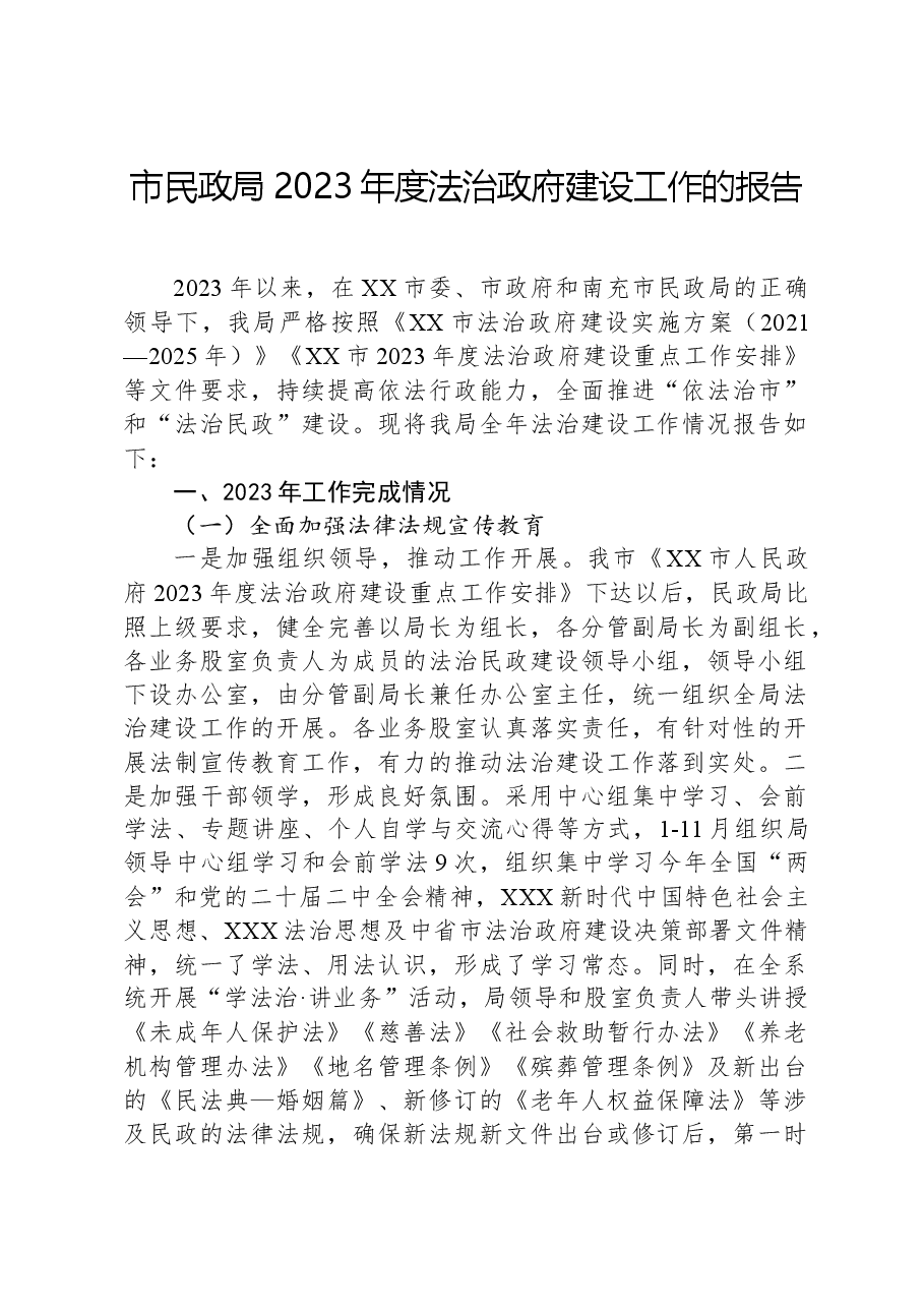 市民政局2023年度法治政府建设工作的报告.docx,第1页预览
