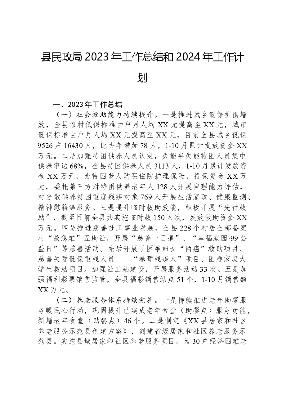 县民政局2023年工作总结和2024年工作计划.docx，第1页预览