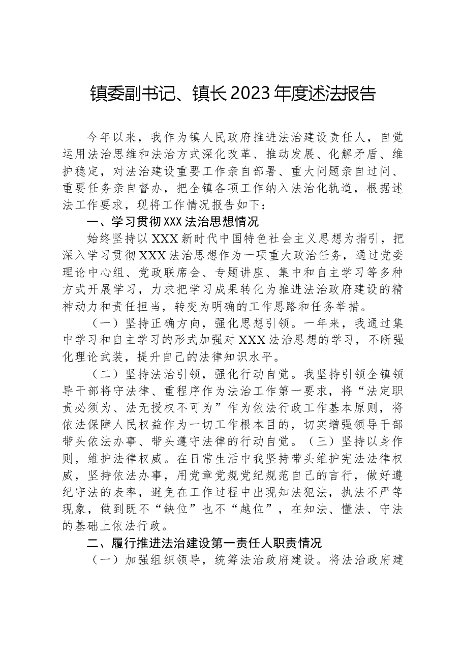 镇委副书记、镇长2023年度述法报告.docx,第1页预览