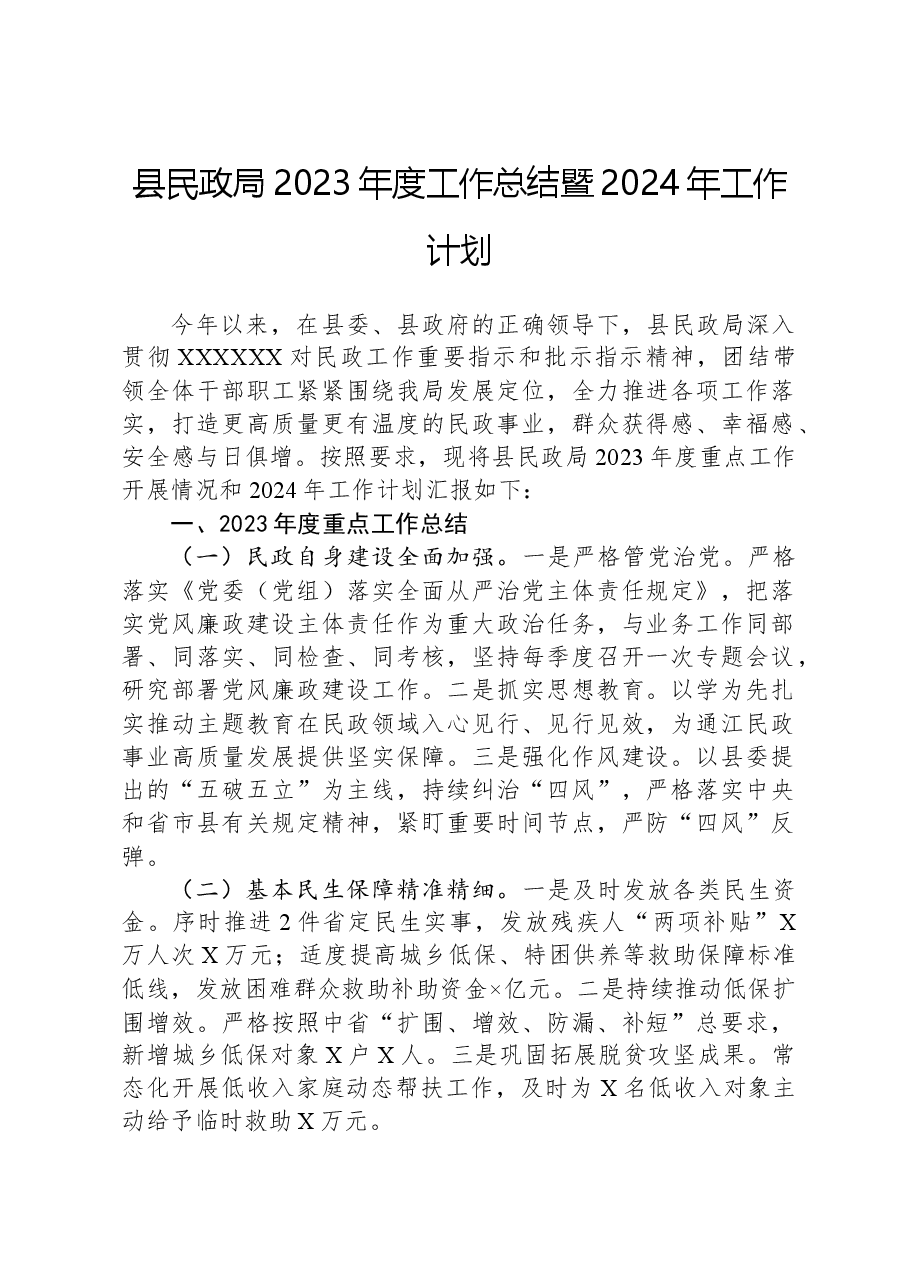 县民政局2023年度工作总结暨2024年工作计划.docx,第1页预览