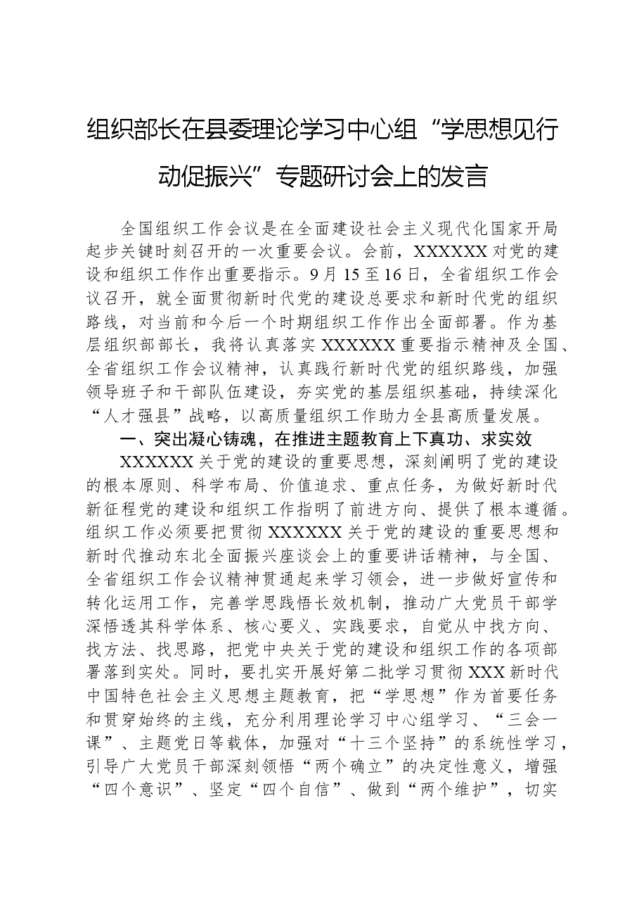 组织部长在县委理论学习中心组“学思想、见行动、促振兴”专题研讨会上的发言.docx,第1页预览