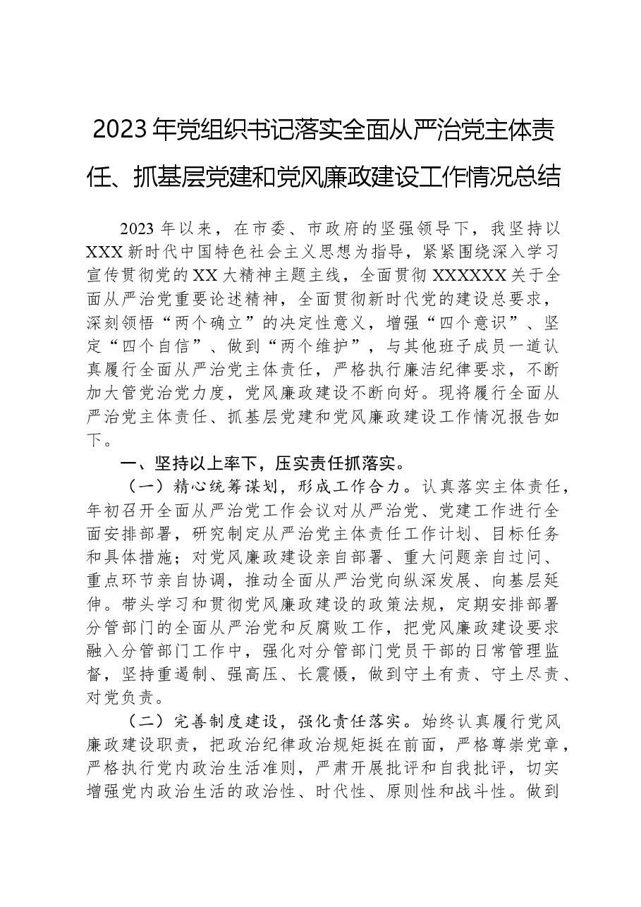 2023年党组织书记落实全面从严治党主体责任、抓基层党建和党风廉政建设工作情况总结.docx,第1页预览