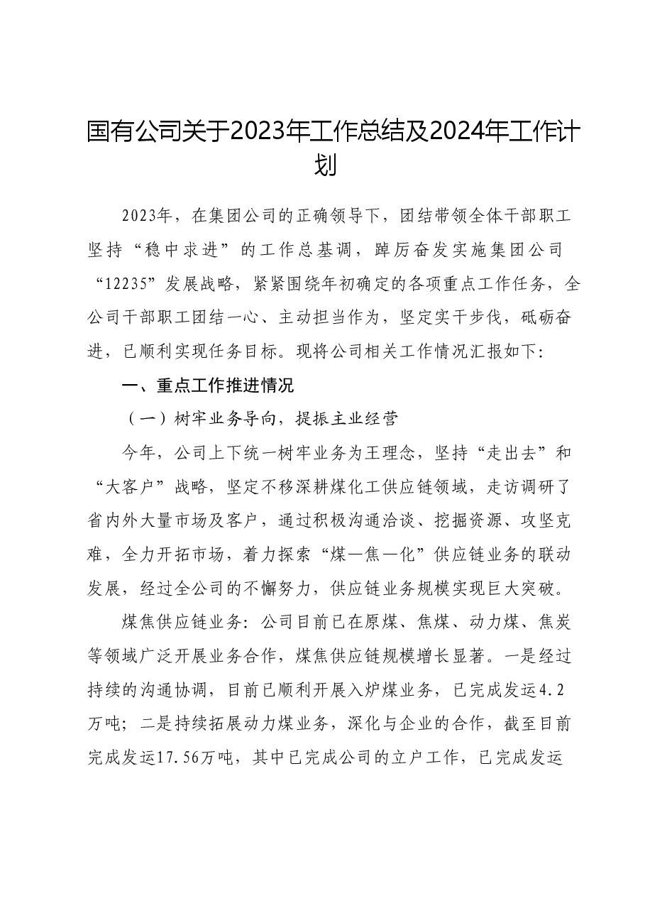 国有公司关于2023年工作总结及2024年工作计划.docx,第1页预览