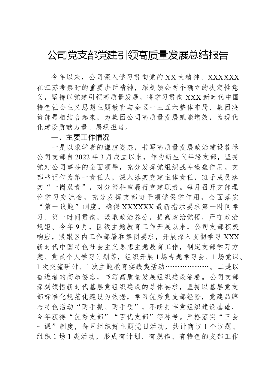 公司党支部党建引领高质量发展总结报告.docx,第1页预览