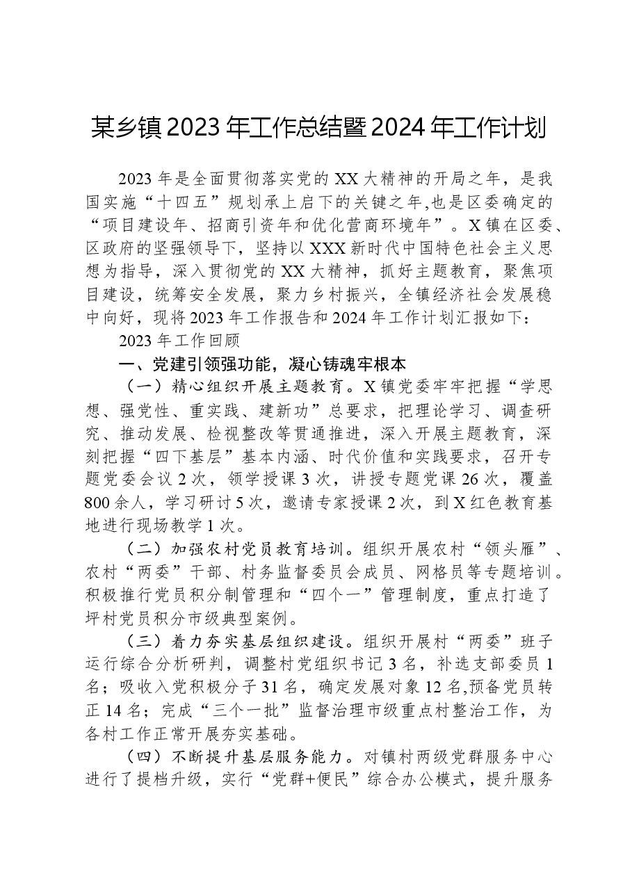 某乡镇2023年工作总结暨2024年工作计划.docx，第1页预览