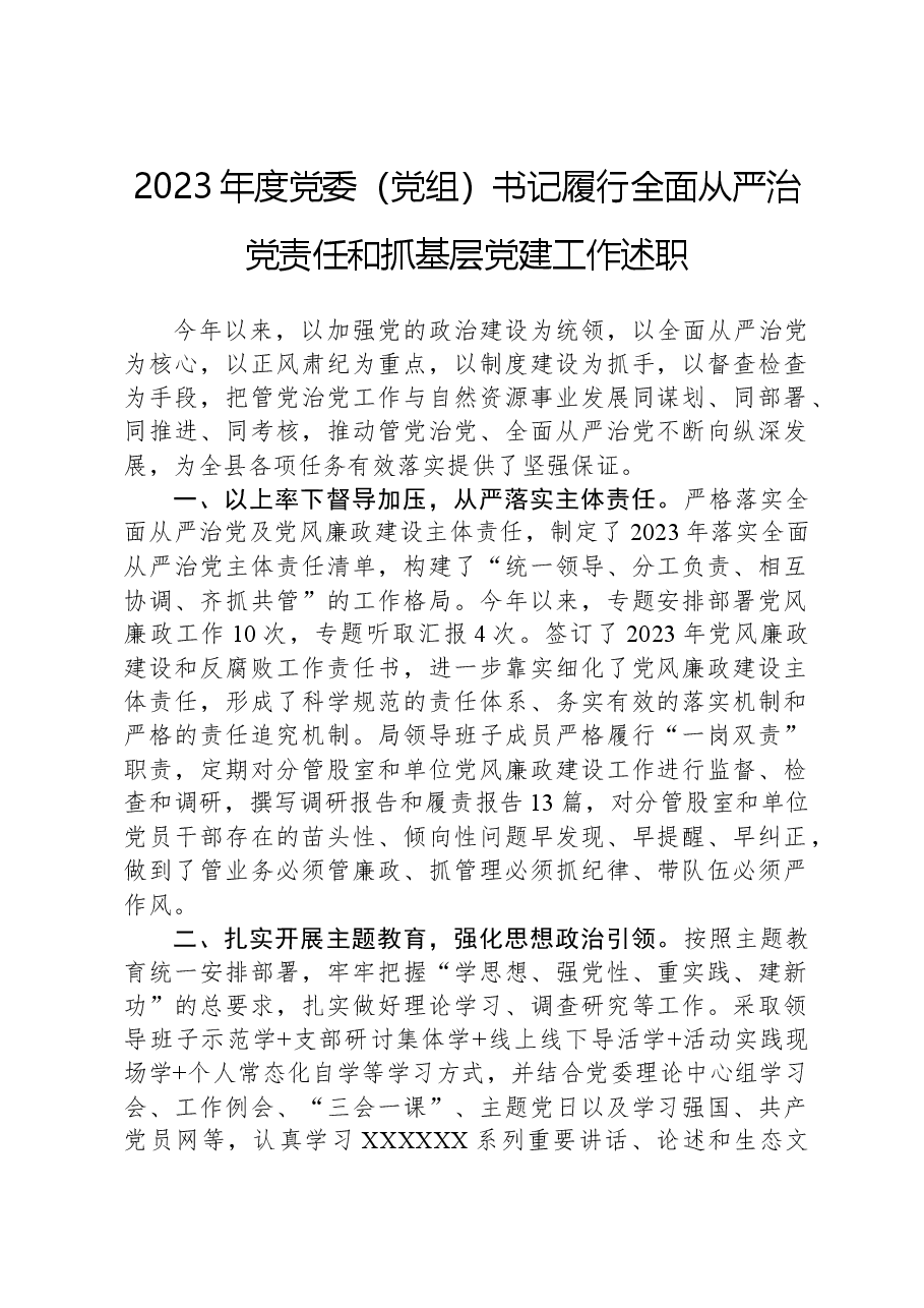 2023年度党委(党组)书记履行全面从严治党责任和抓基层党建工作述职.docx,第1页预览
